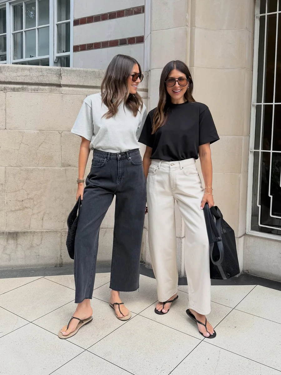 Wide-Leg Jeans in Two Washes, Worn Together on a petite woman