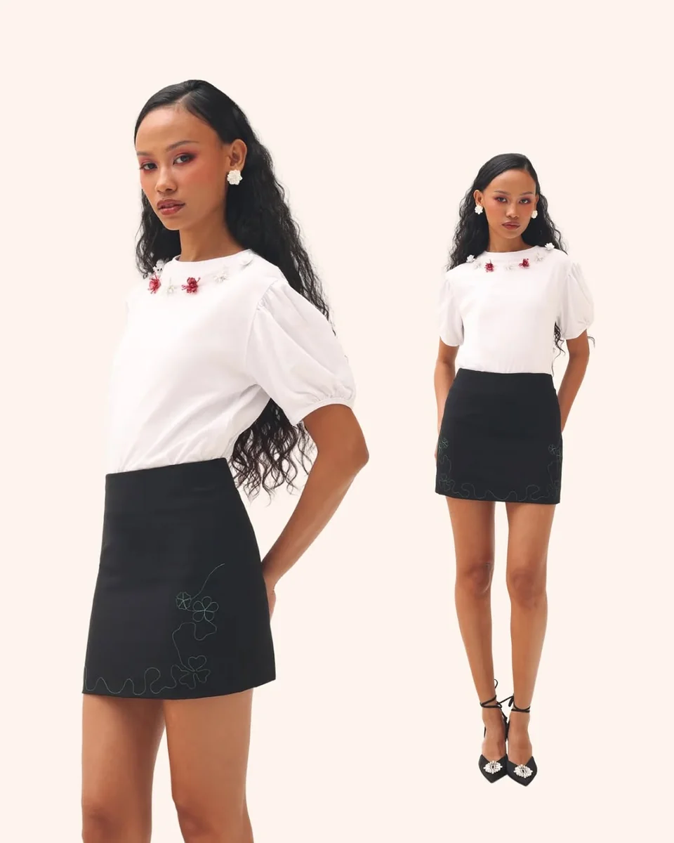 The White Top and Black Mini, Studio Clean on a petite woman