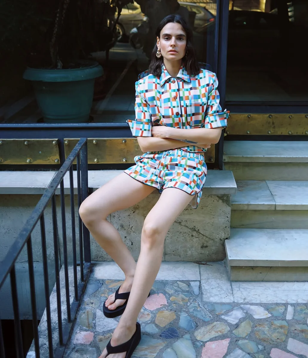 The Matching Set in a Loud Print on a petite woman