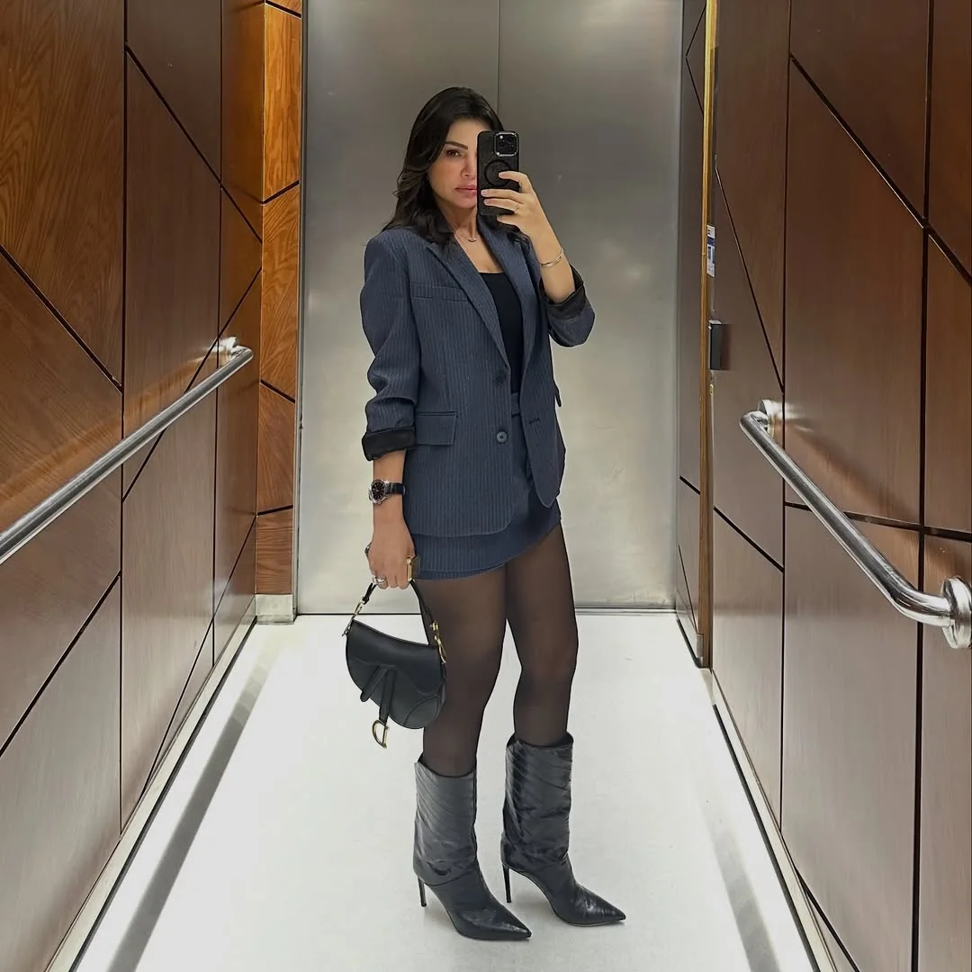 The Pinstripe Suit, Mini Edition on a petite woman