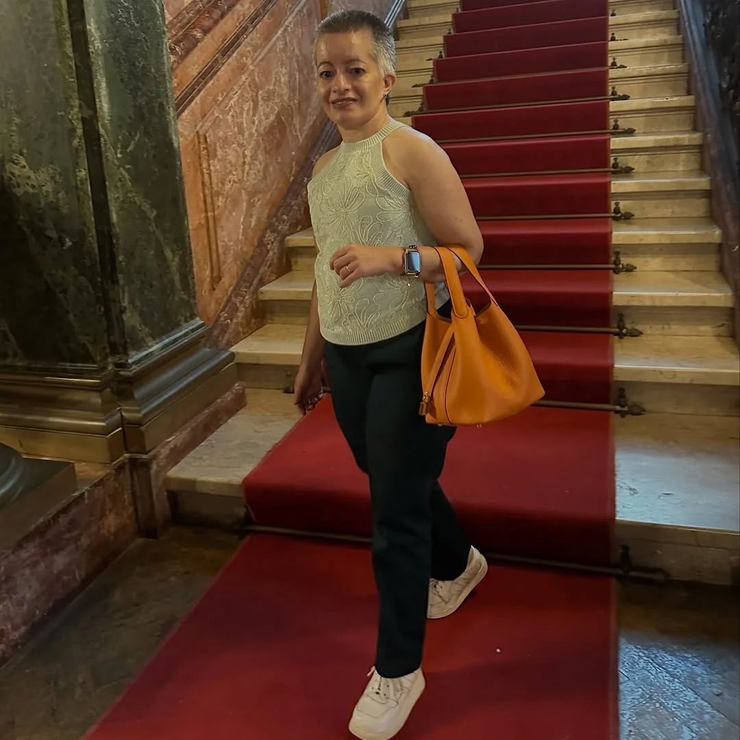 Knit Top, Black Pants, Sneakers, Done on a petite woman