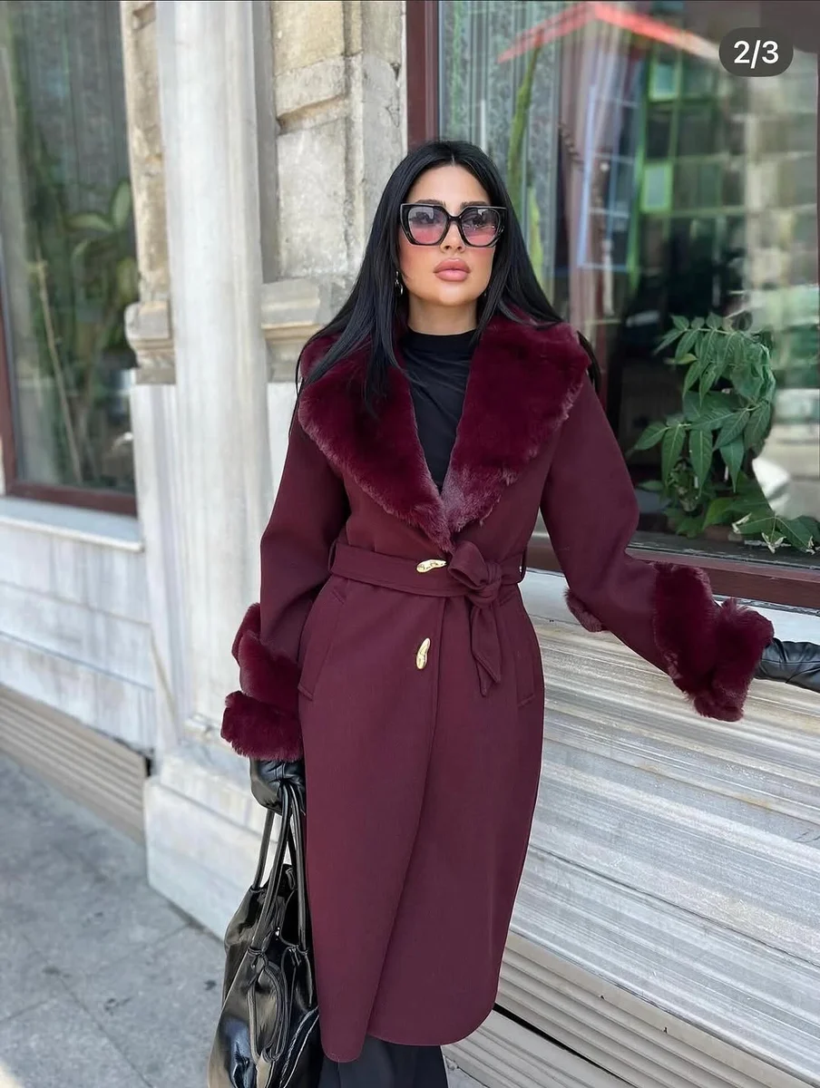 Jewel-Tone Coats With Fur Trim on a petite woman