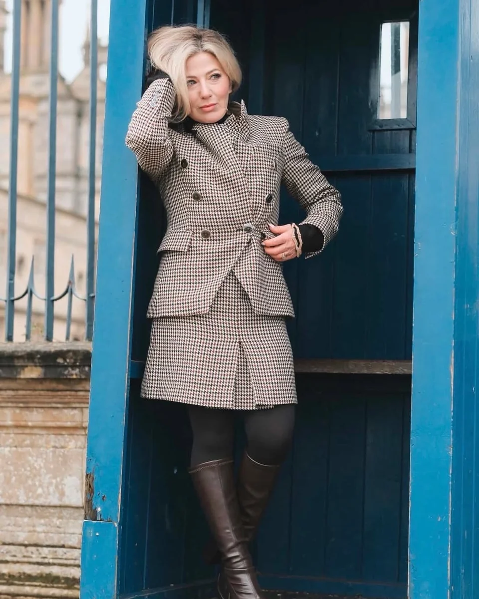 The Fitted Houndstooth Suit on a petite woman