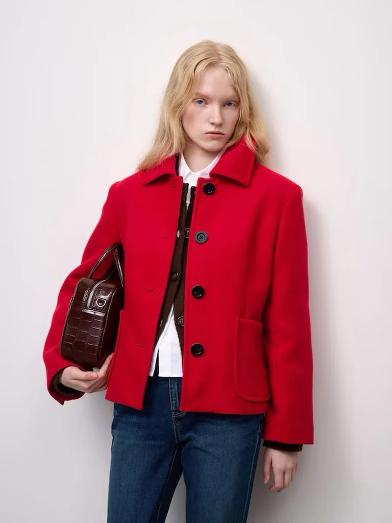 The Red Cropped Jacket on a petite woman