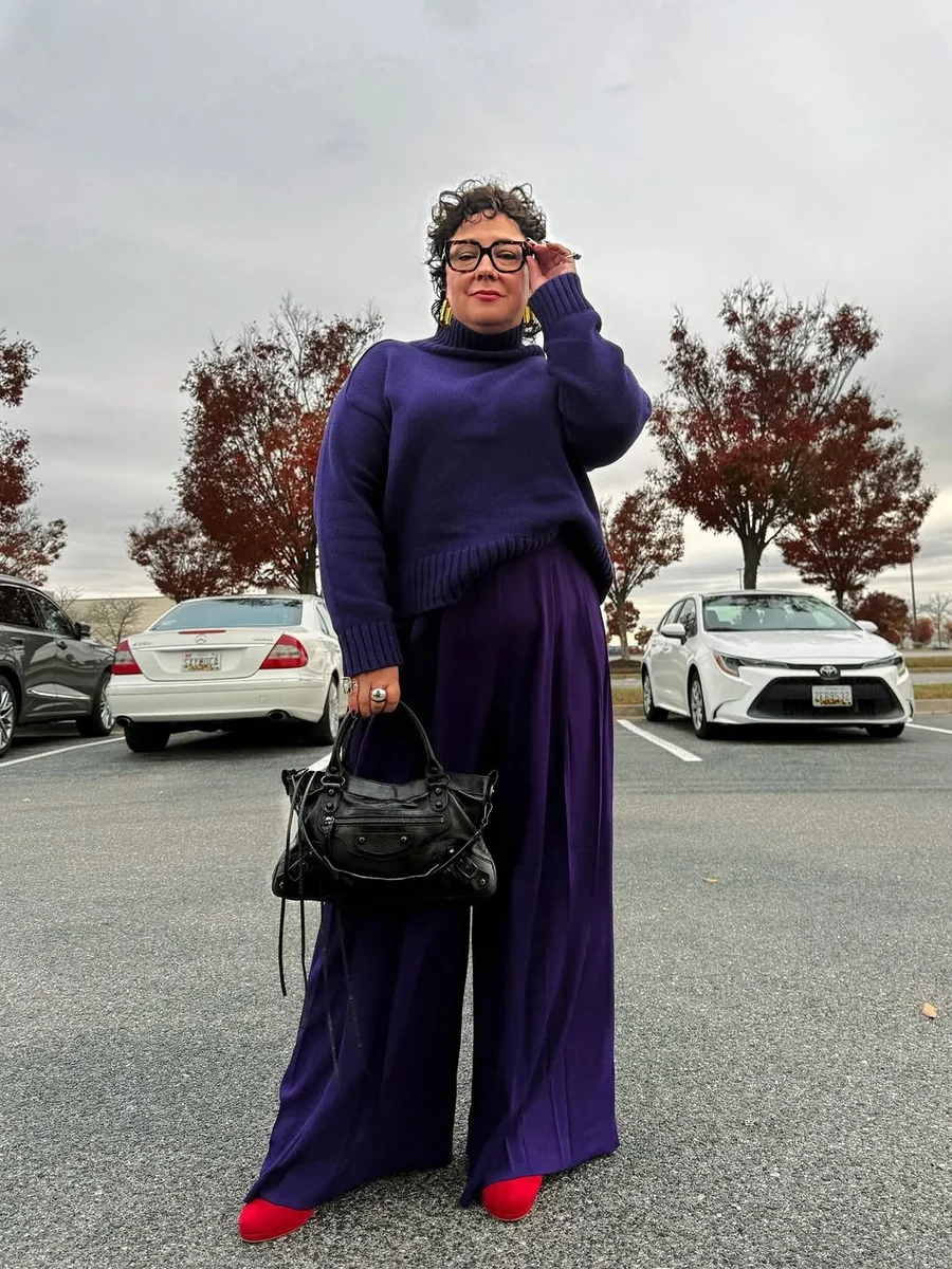 Monochrome Magic in Purple on a petite woman
