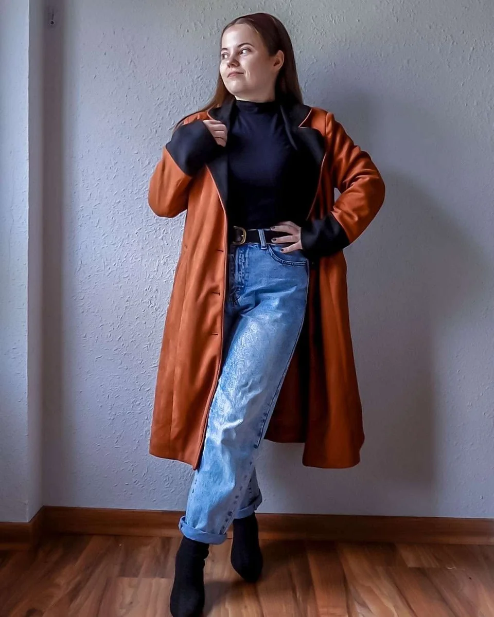 The Long Coat, Worn Open Over Denim on a petite woman