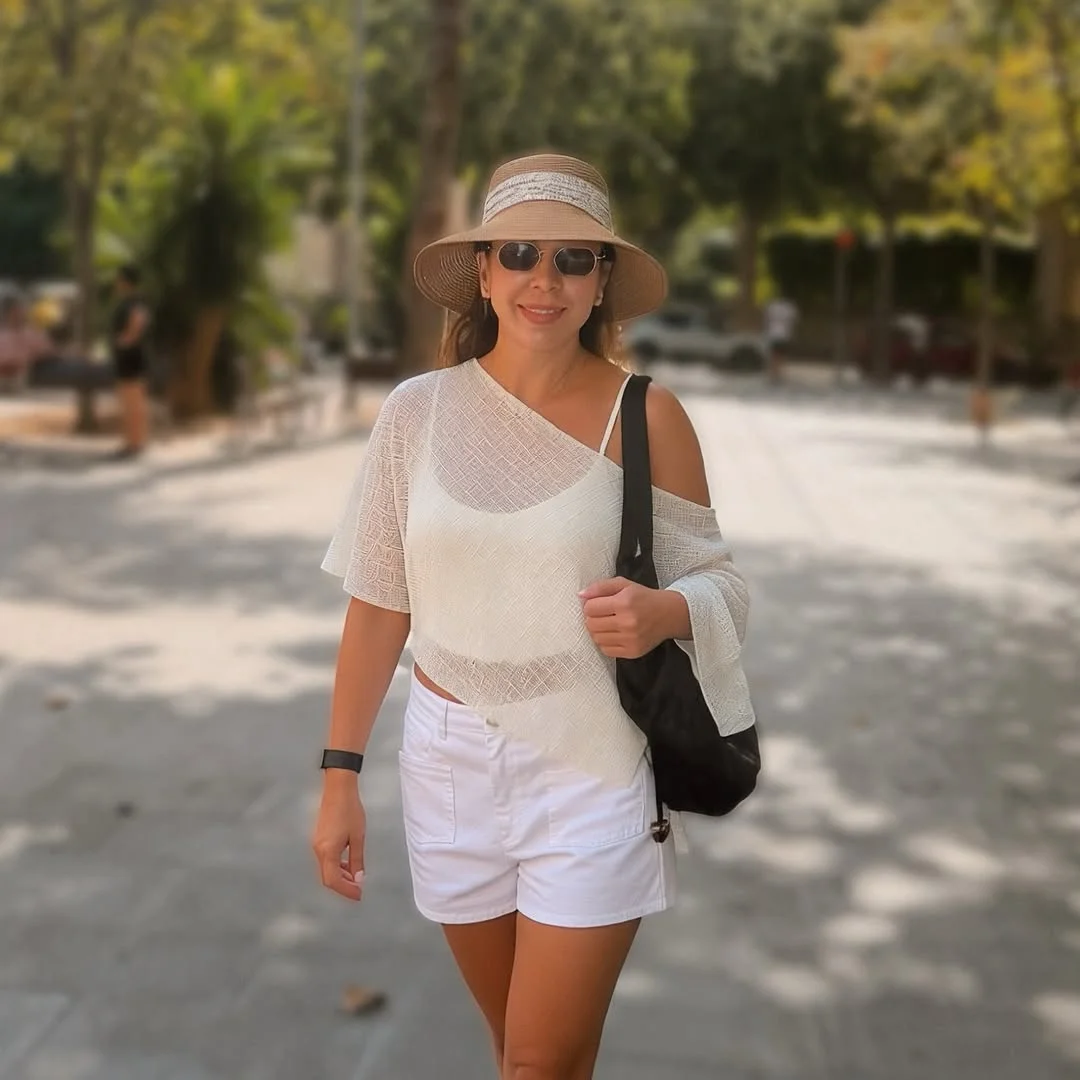 Crochet Layers in White on a petite woman