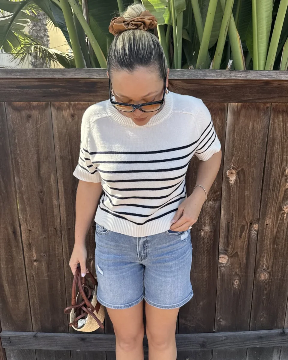 Striped Knits and Denim Shorts on a petite woman
