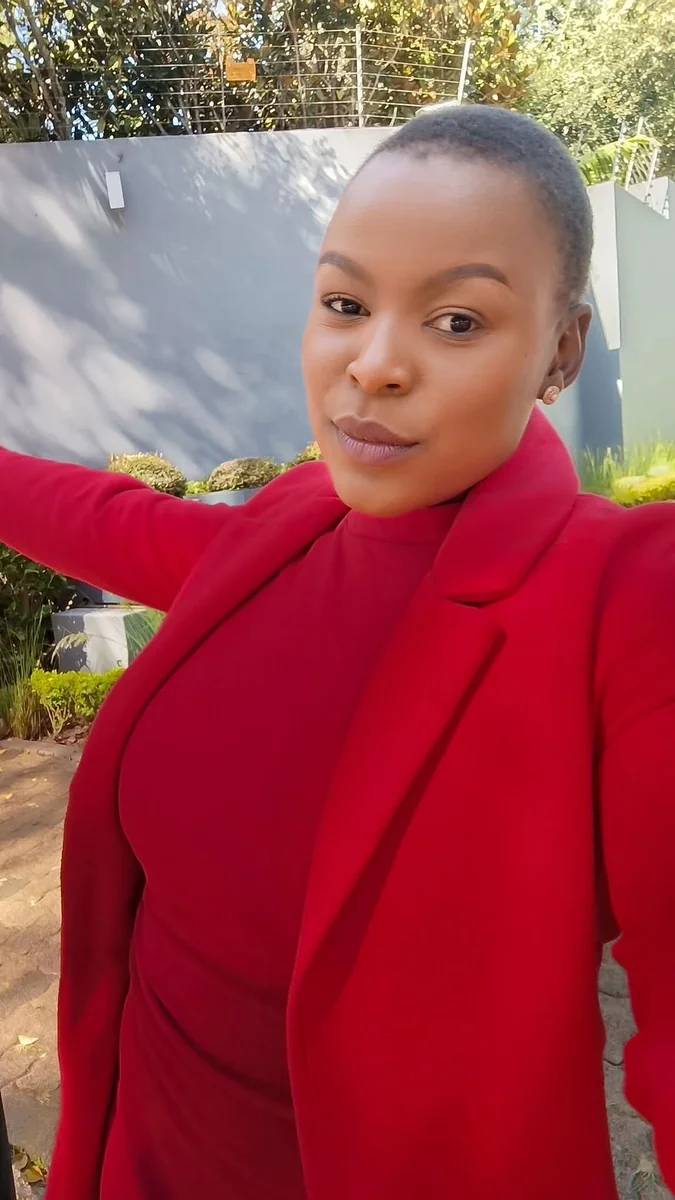 Monochrome Red, Worn Bold on a petite woman