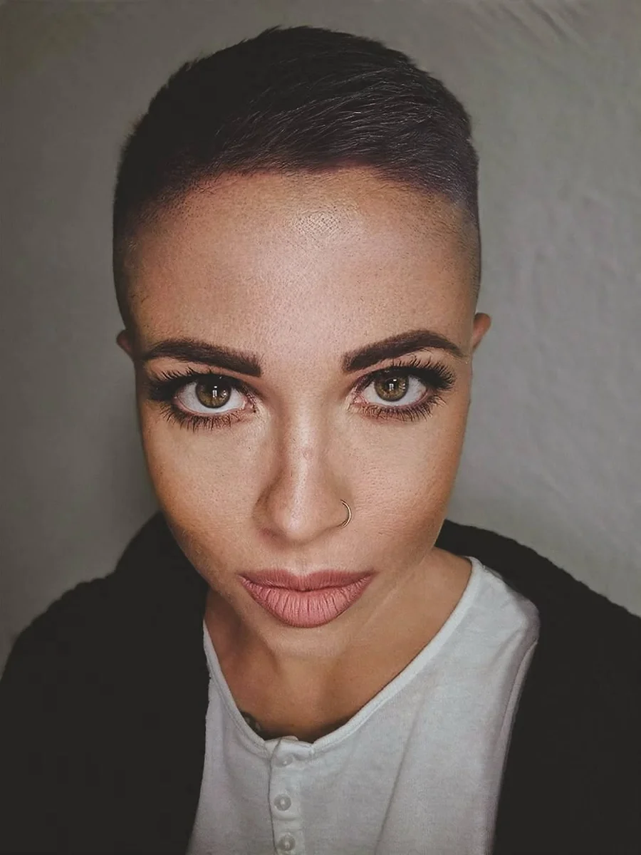 Clean Necklines and Short Hair on a petite woman