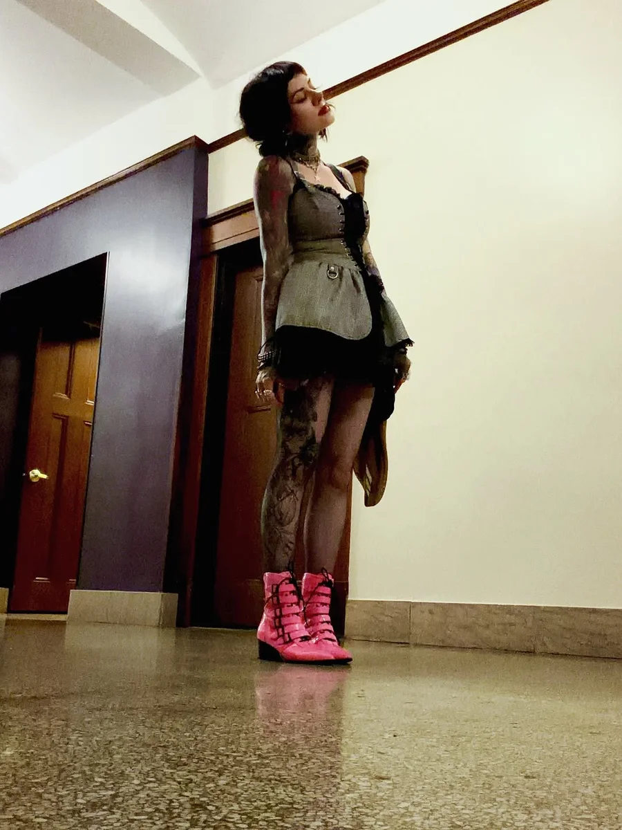 Corset Tops With a Pop of Pink on a petite woman