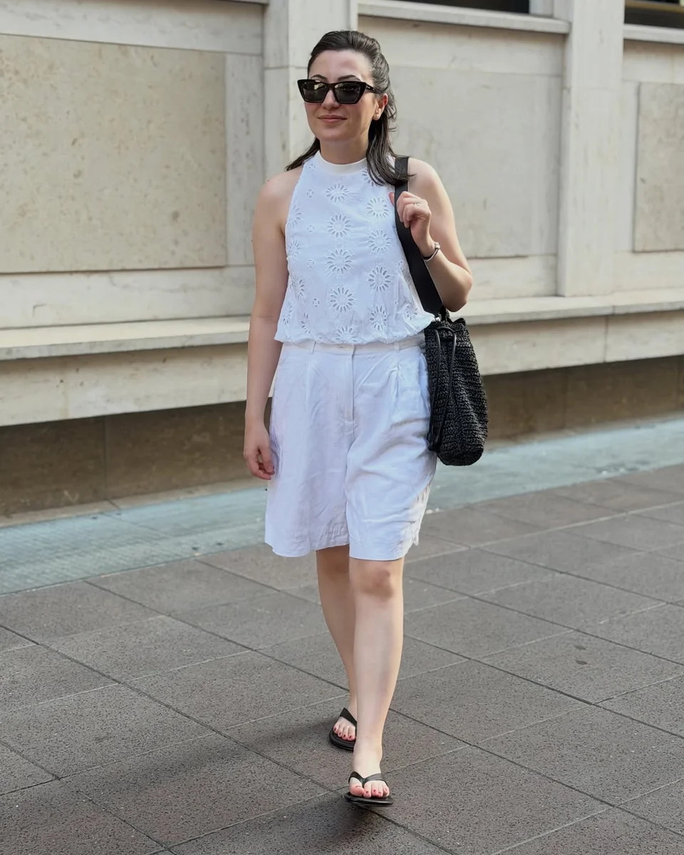 The White Bermuda Set on a petite woman