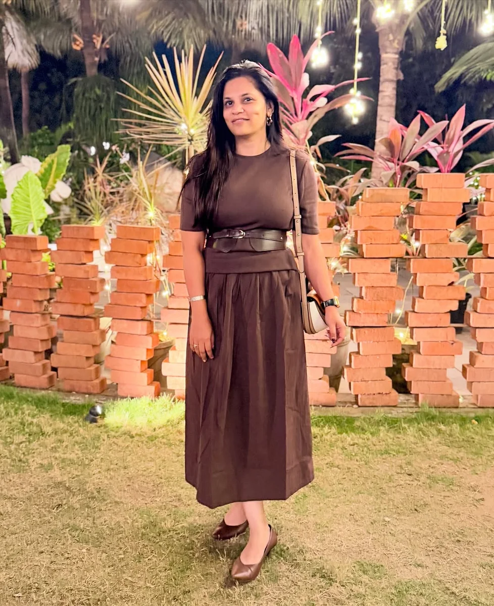 Brown Monochrome Midis on a petite woman