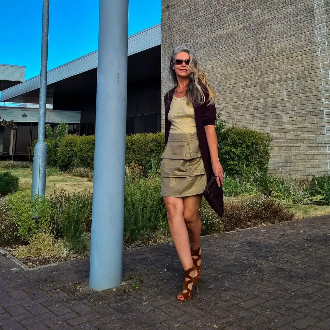 Champagne Shimmer and a Long Cardigan, Dressed Up Without Trying Too Hard on a petite woman