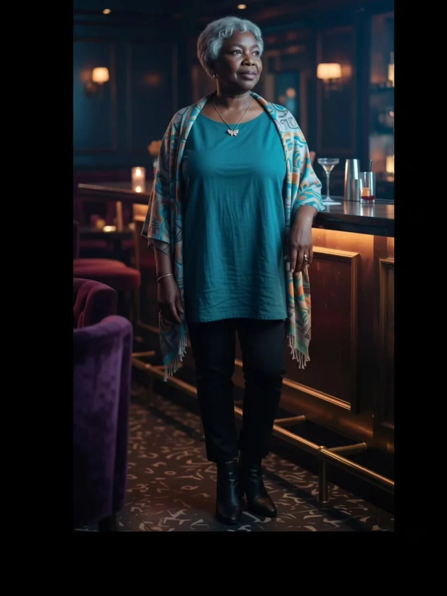 The Evening Tunic and Shawl Combination on a petite woman