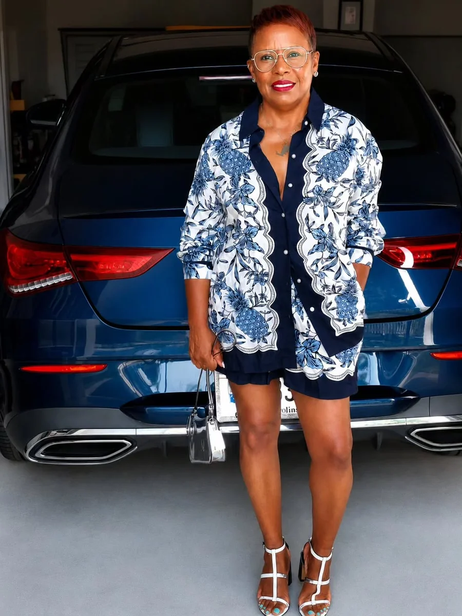 A Matching Print Set in Navy and White on a petite woman