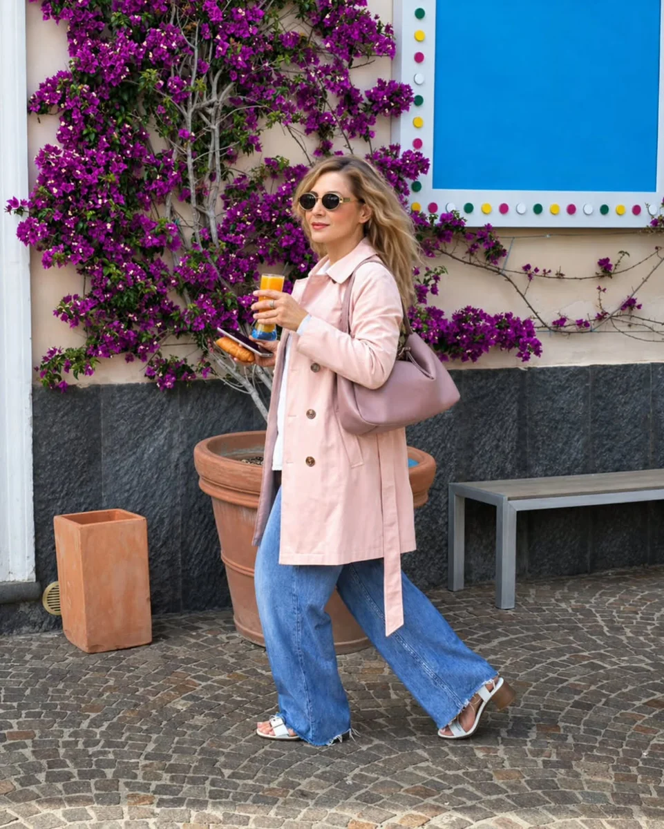 Pink Trench, Blue Denim, Zero Effort on a petite woman