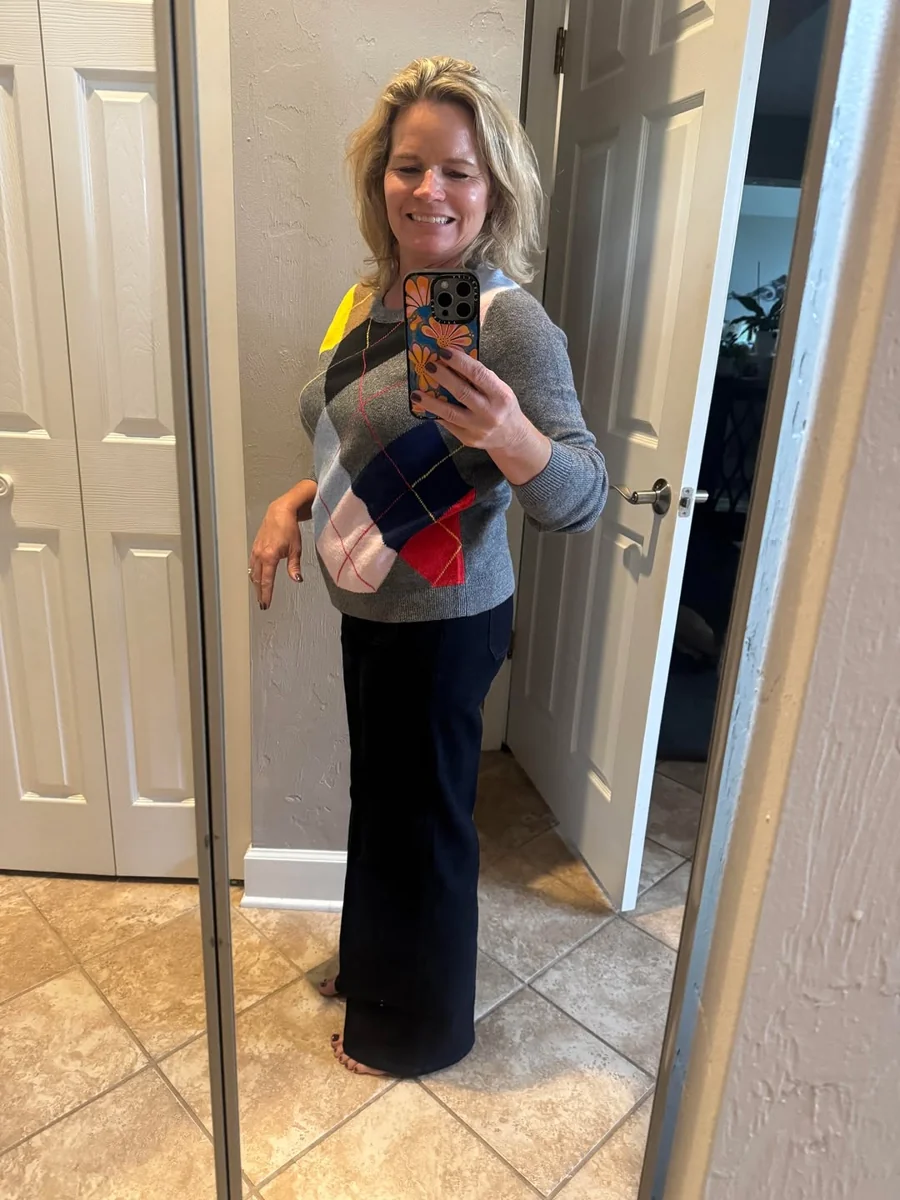 One Bright Scarf, Five Gray Days Saved on a petite woman