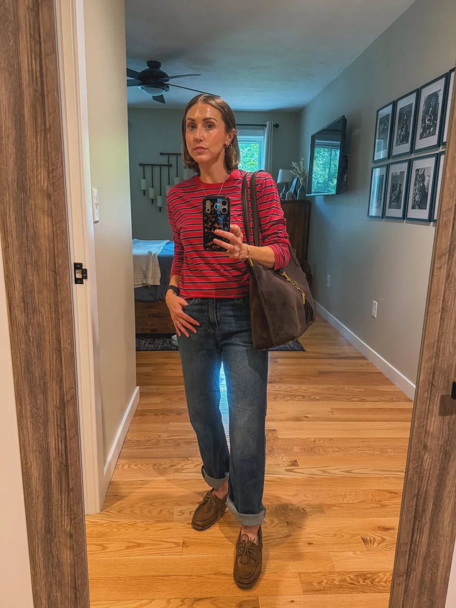 Red Stripes and Straight-Leg Denim on a petite woman