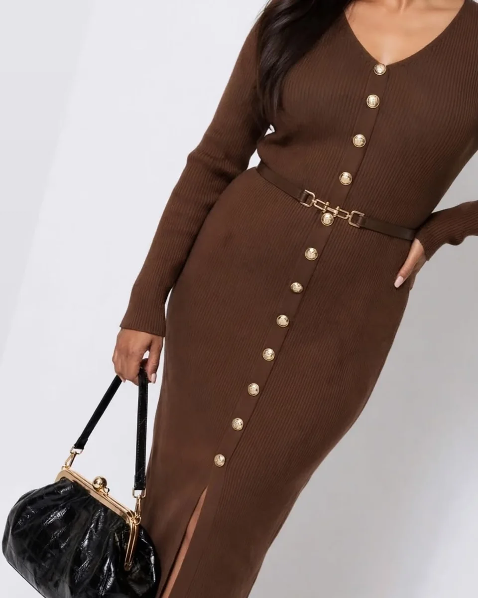 The Button-Front Knit Midi Dress on a petite woman