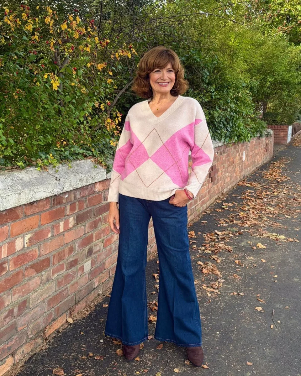 Argyle, But Make It Pink on a petite woman