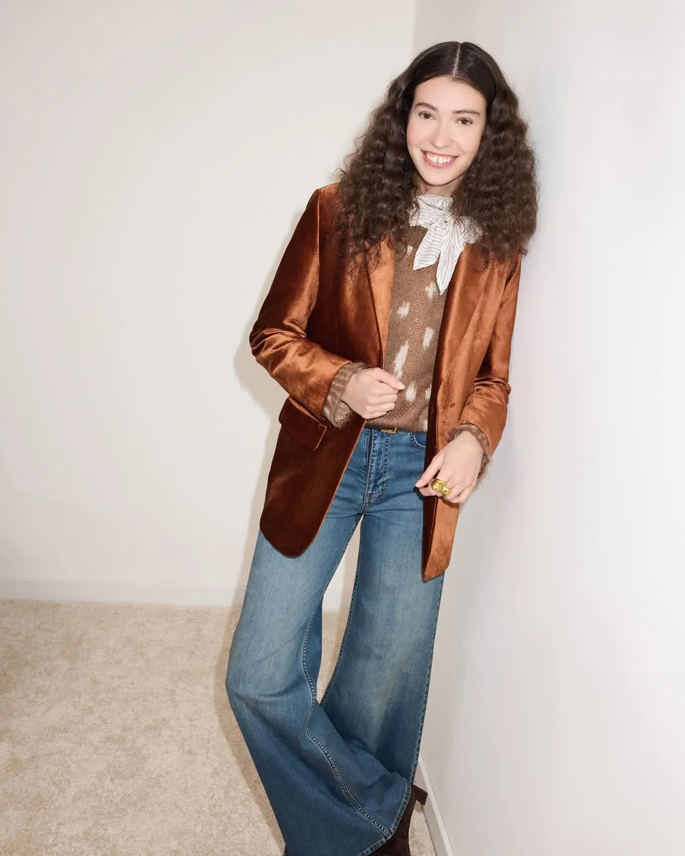 The Copper Velvet Blazer on a petite woman