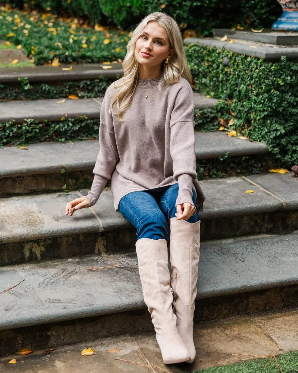 Cream Knee Boots on Stone Steps on a petite woman