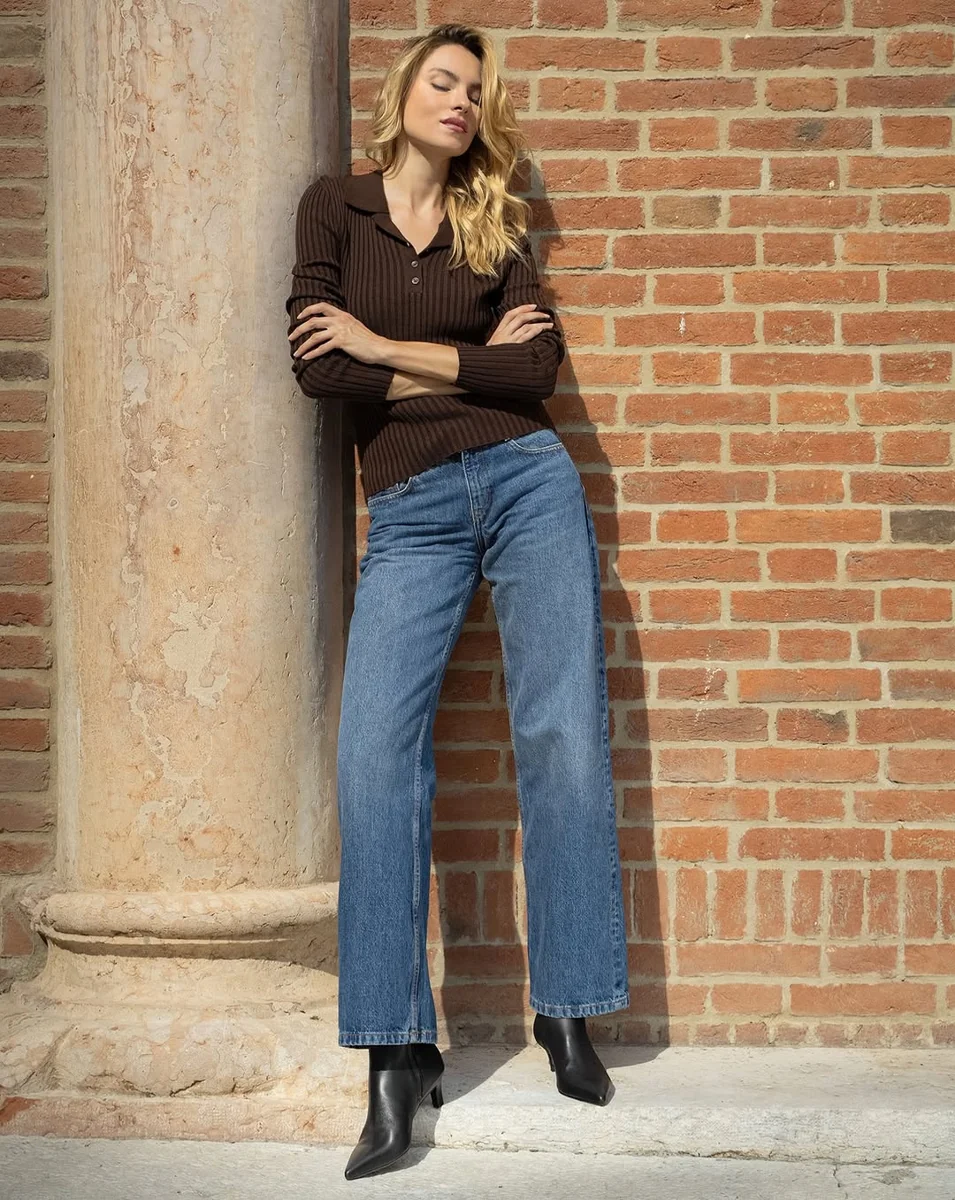 Ribbed Polo, Wide-Leg Denim on a petite woman