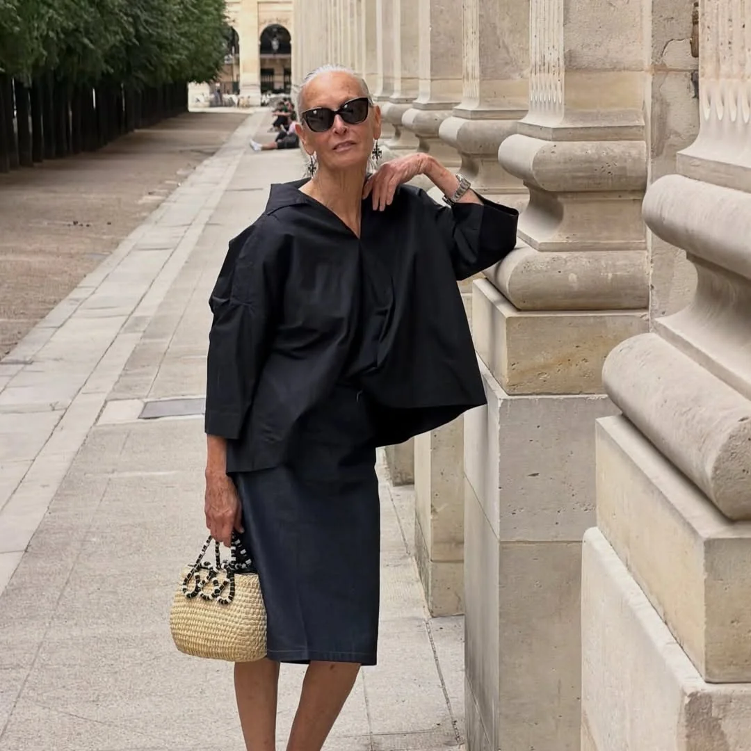 The Black Top and Knee Skirt, a Capsule Wardrobe Petite Over 50 Foundation on a petite woman