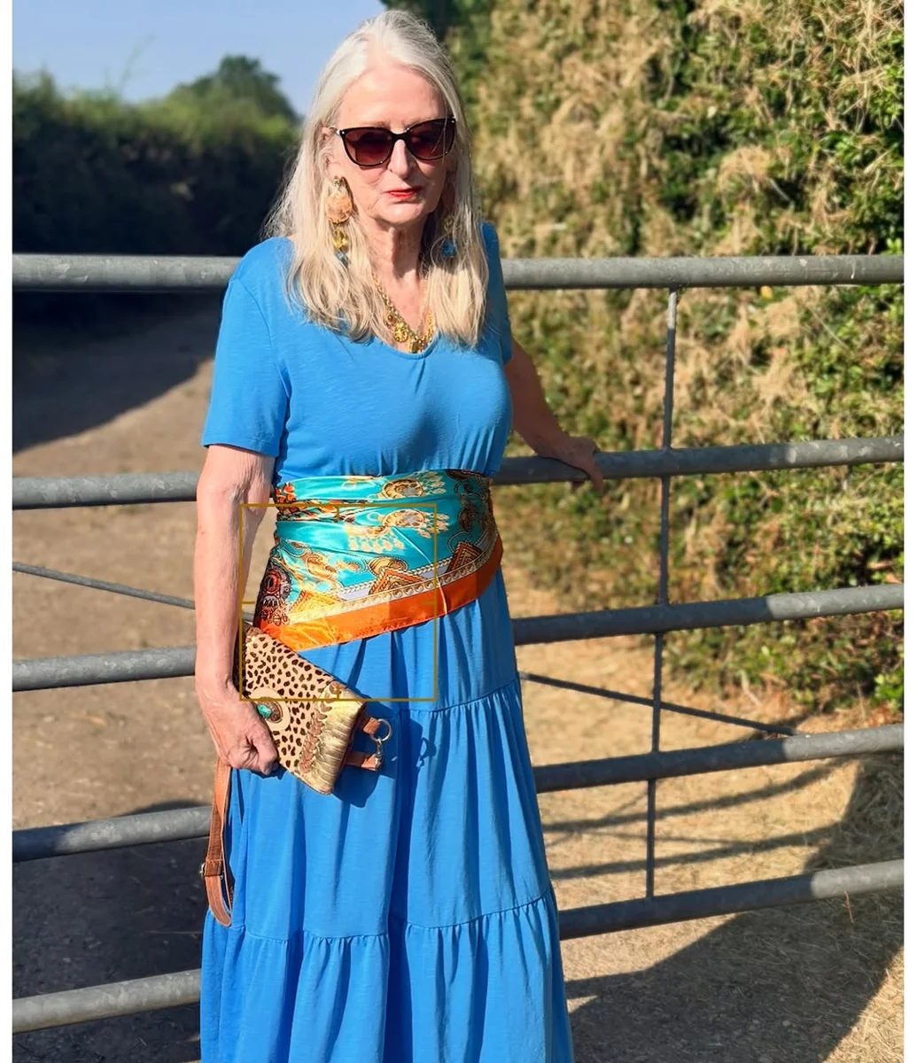 The Blue Maxi With a Scarf Belt on a petite woman