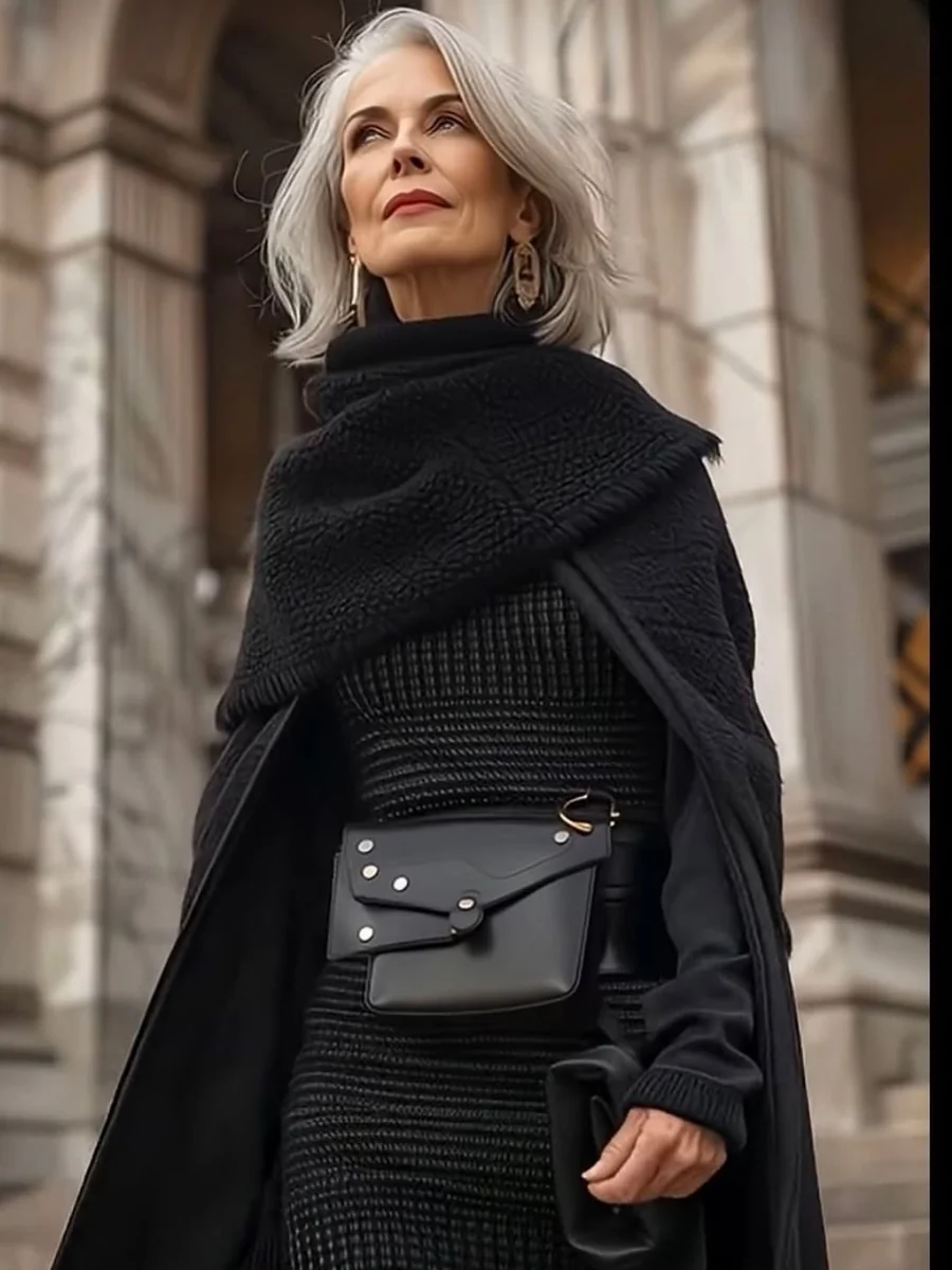 The All-Black Column on a petite woman