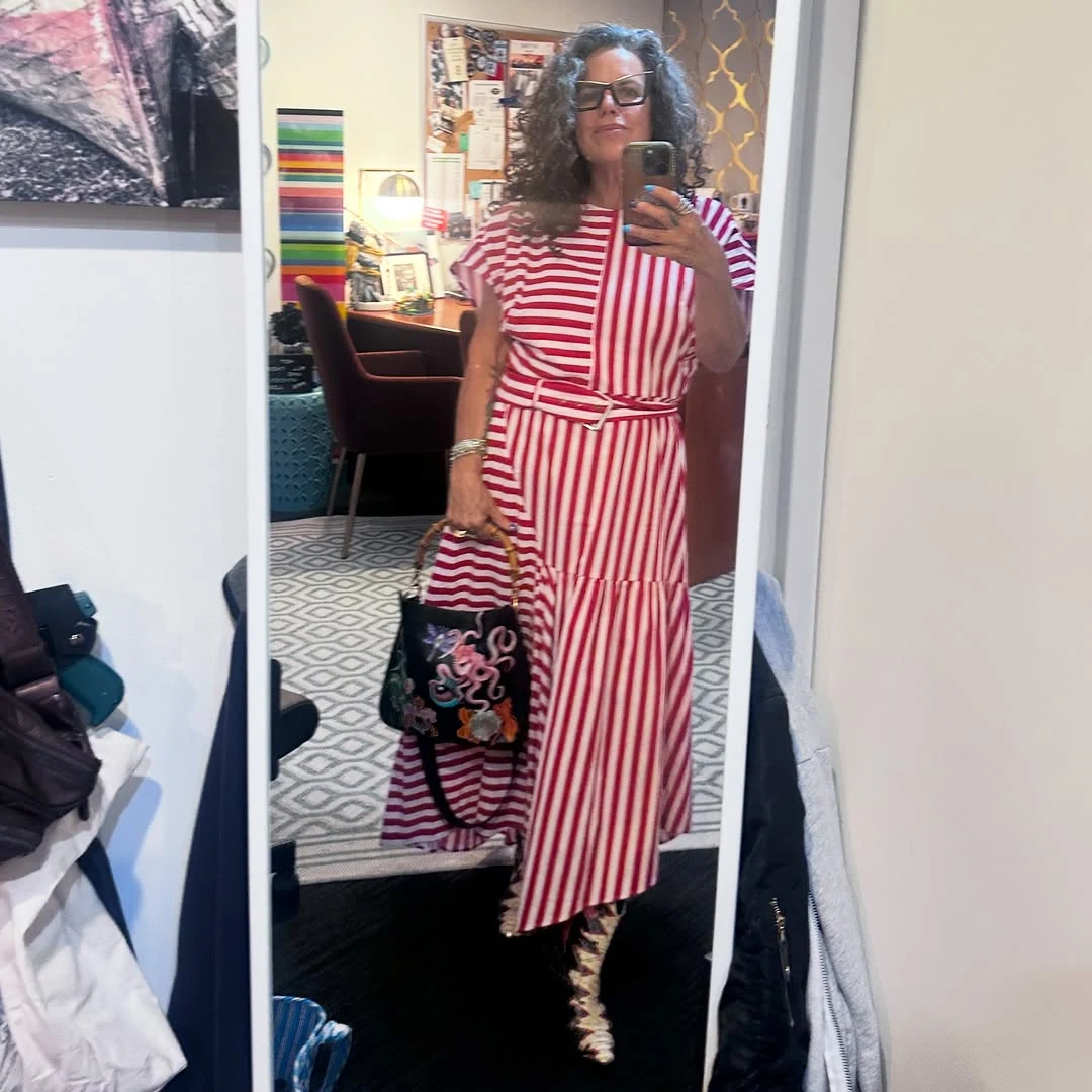 Stripes and a Red Belt on a petite woman