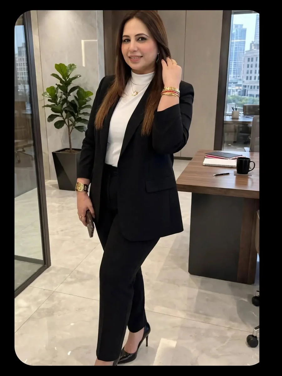 Hallway-Ready: Black Blazer and Wide-Leg Trousers on a petite woman