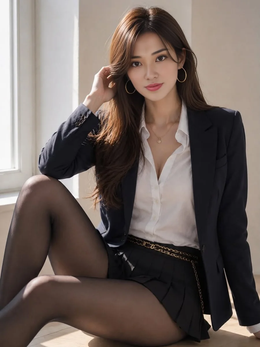 Mini Skirt and Tights With an Oversized Charcoal Blazer on a petite woman