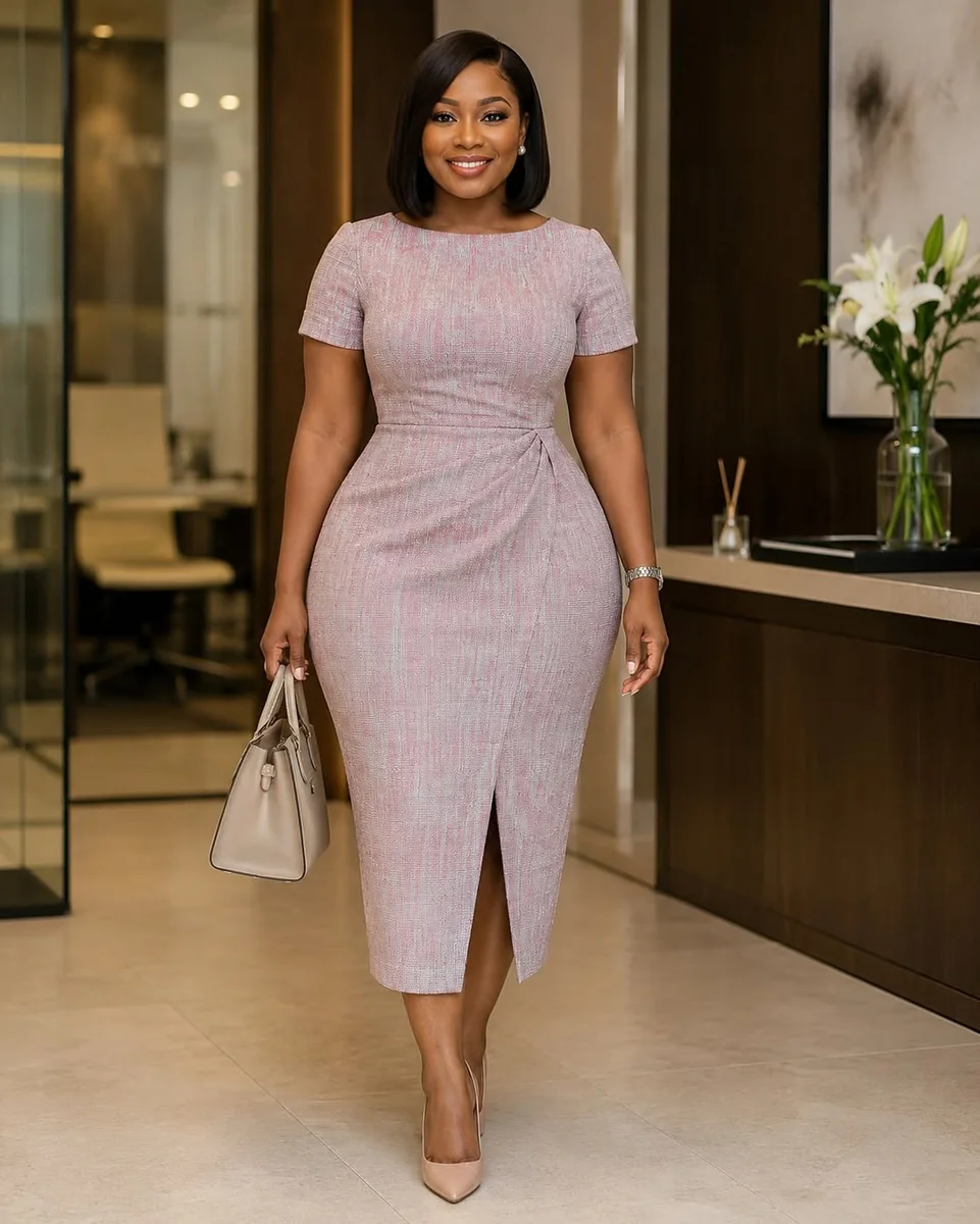 Pink Tweed Sheath Dress With a Front Slit on a petite woman
