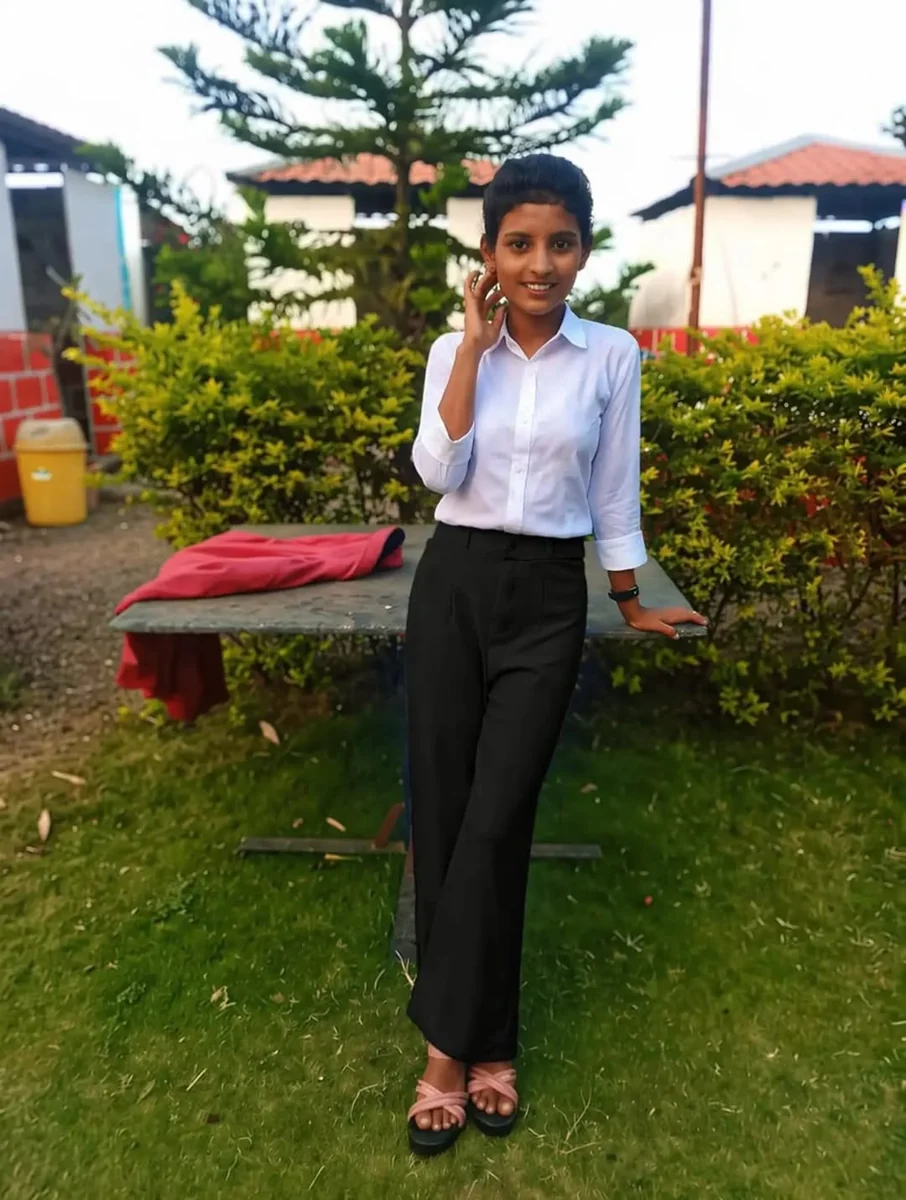 Light Blue Shirt, Black Straight Trousers, Phone in Hand on a petite woman