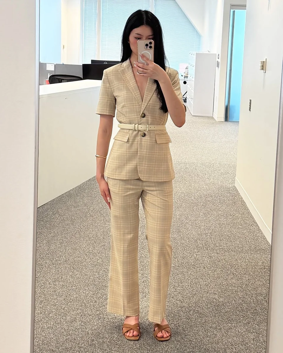 Belted Tan Suit for the Mirror-Selfie Era on a petite woman