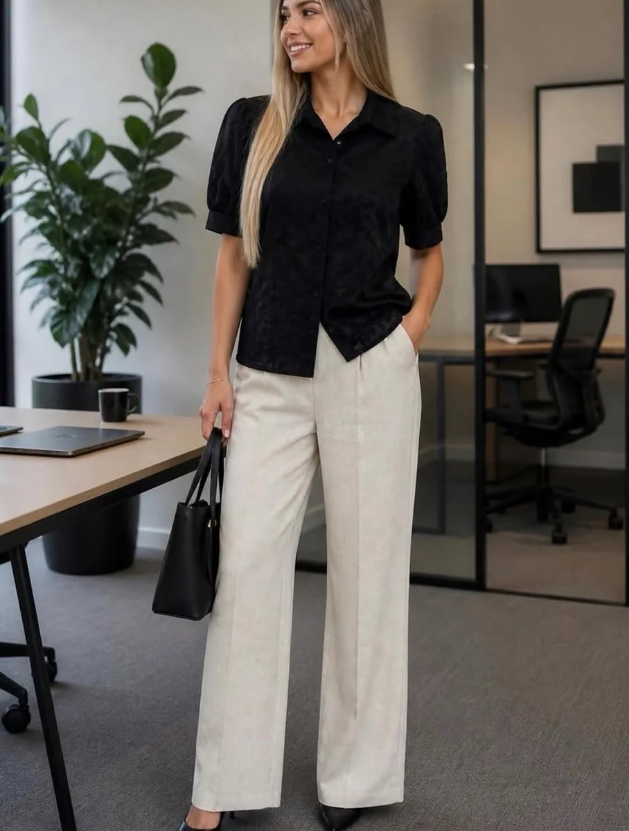 Black Short-Sleeve Shirt With Crisp White Wide Legs on a petite woman