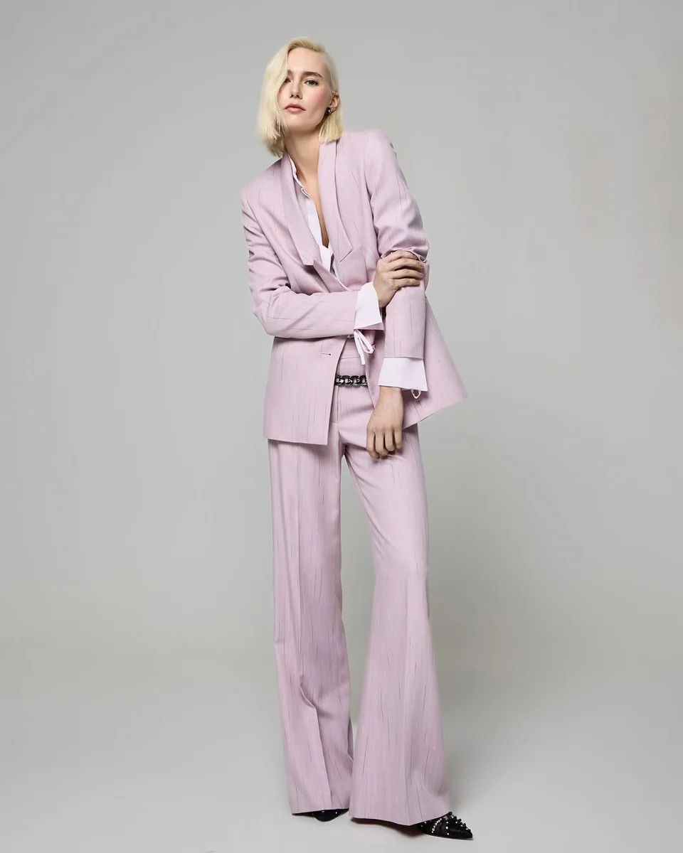 Lavender Suit Energy in the Studio on a petite woman