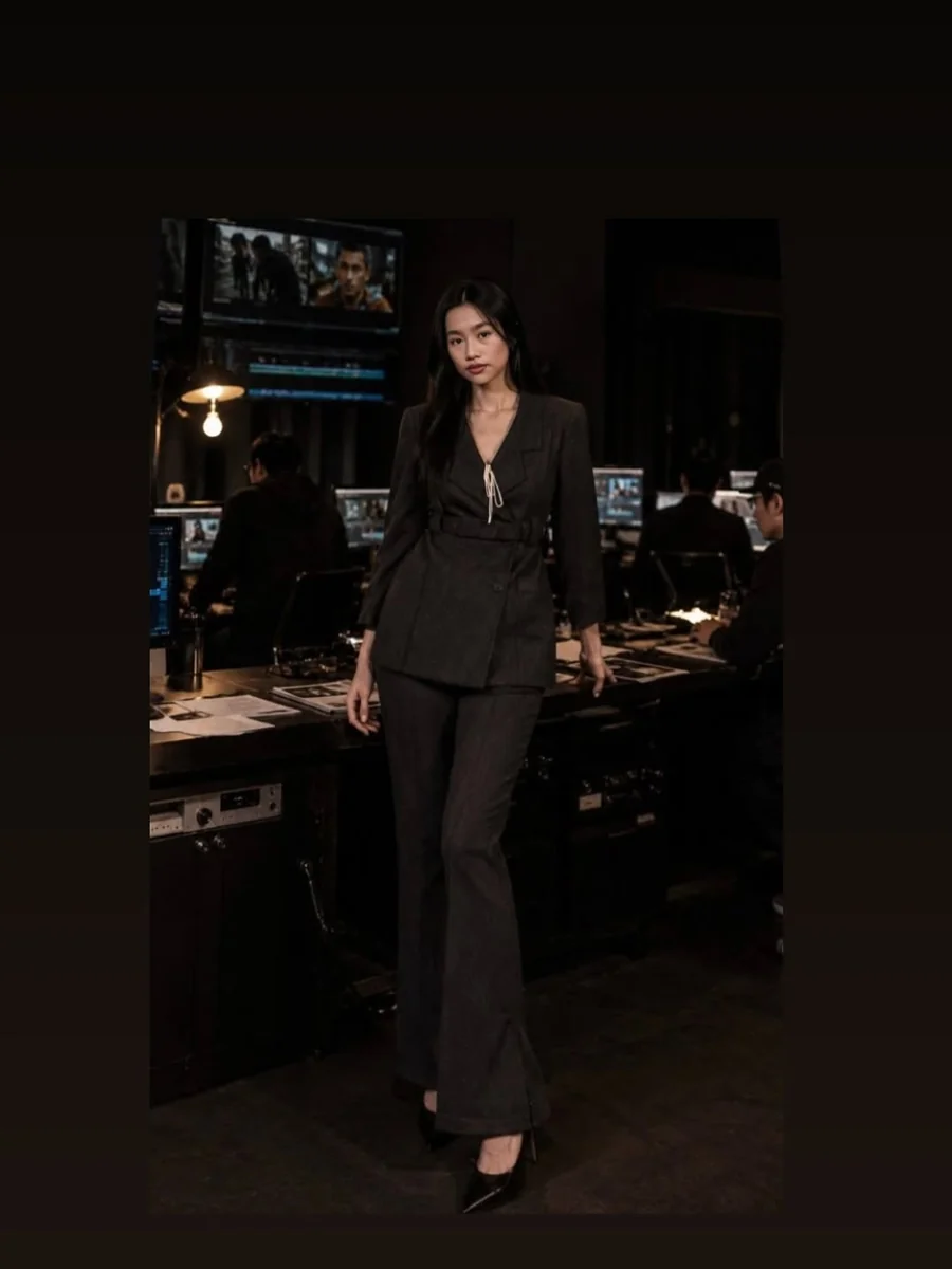 The After-Hours Oversized Blazer Suit on a petite woman