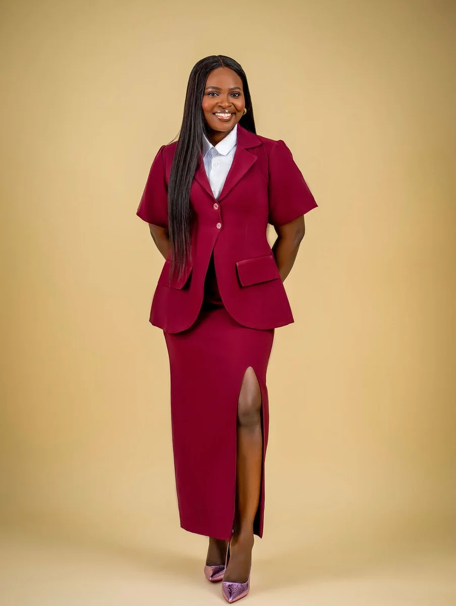 Red Blazer and Slit Midi Skirt in Deep Maroon on a petite woman
