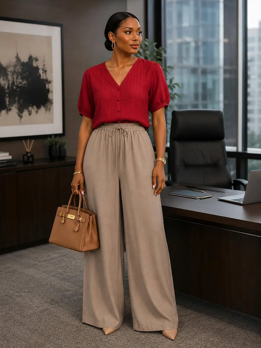 Red Wrap Blouse With Beige Wide-Leg Trousers on a petite woman