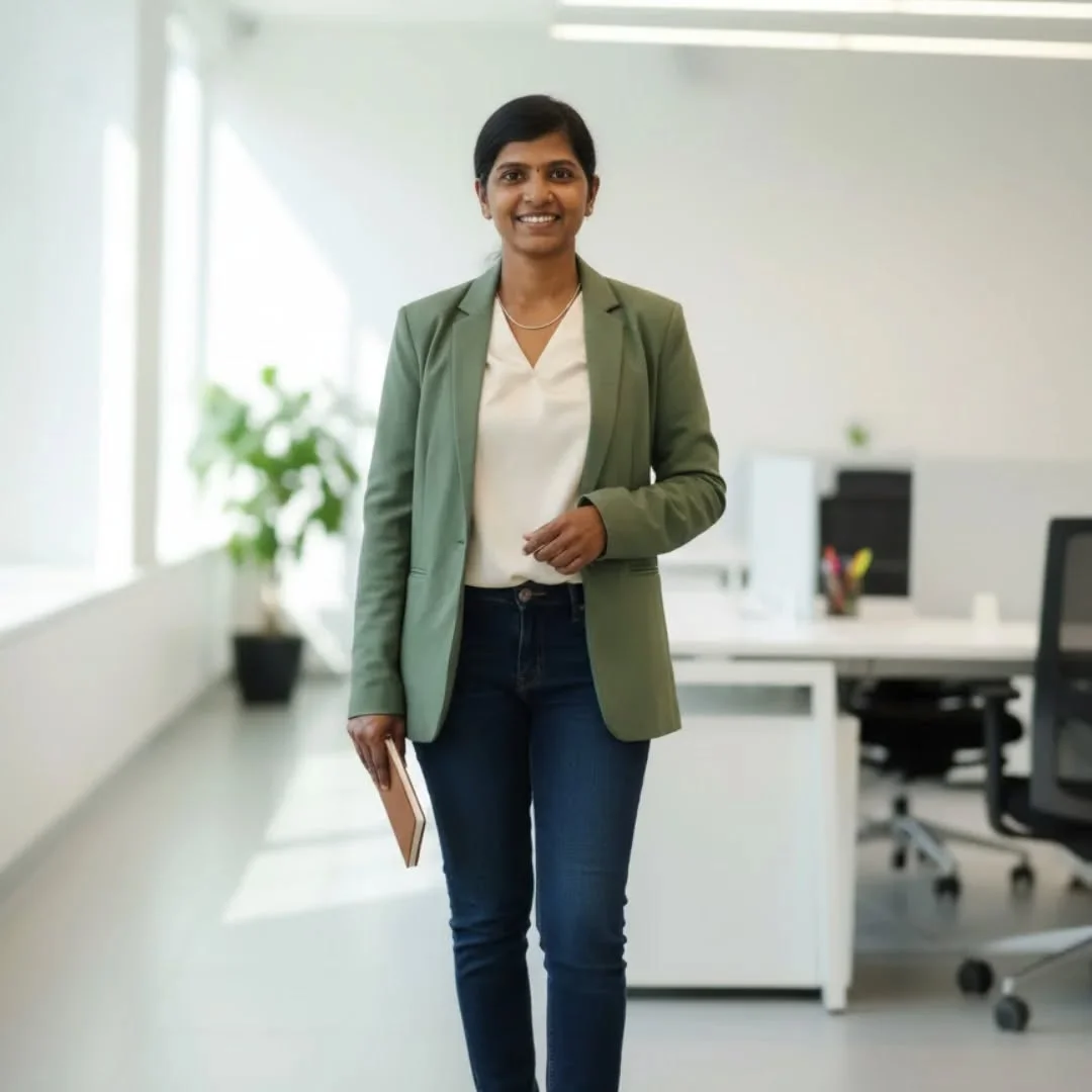 Olive Green Blazer Over White and Dark Denim on a petite woman