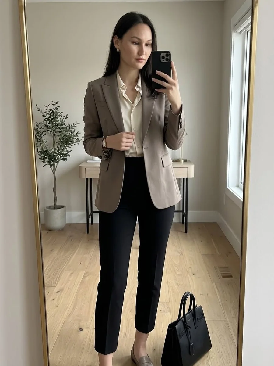 Taupe Blazer and Black Tote in the Mirror on a petite woman