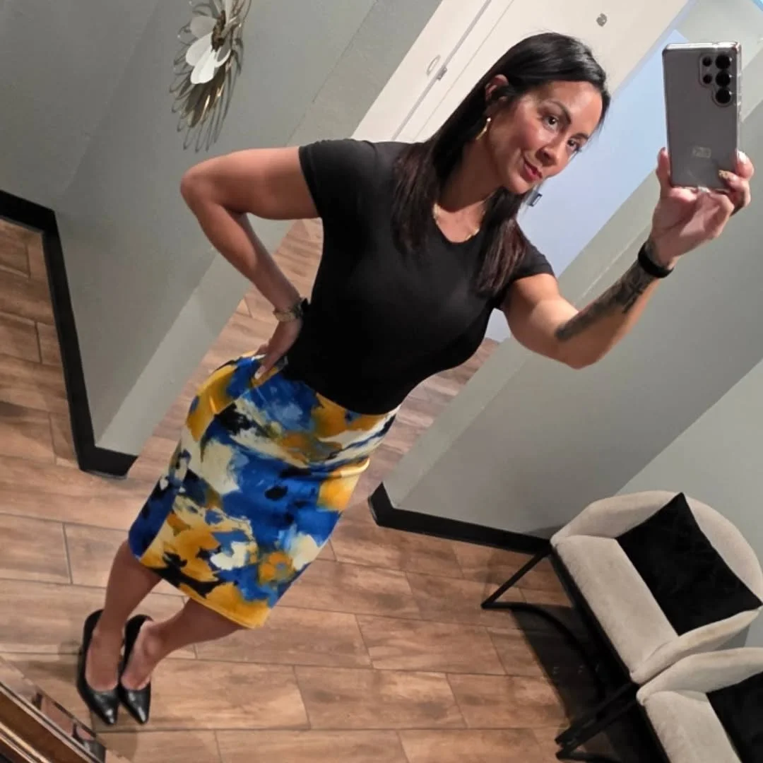 Black Tee and a Bright Floral Midi Skirt on a petite woman