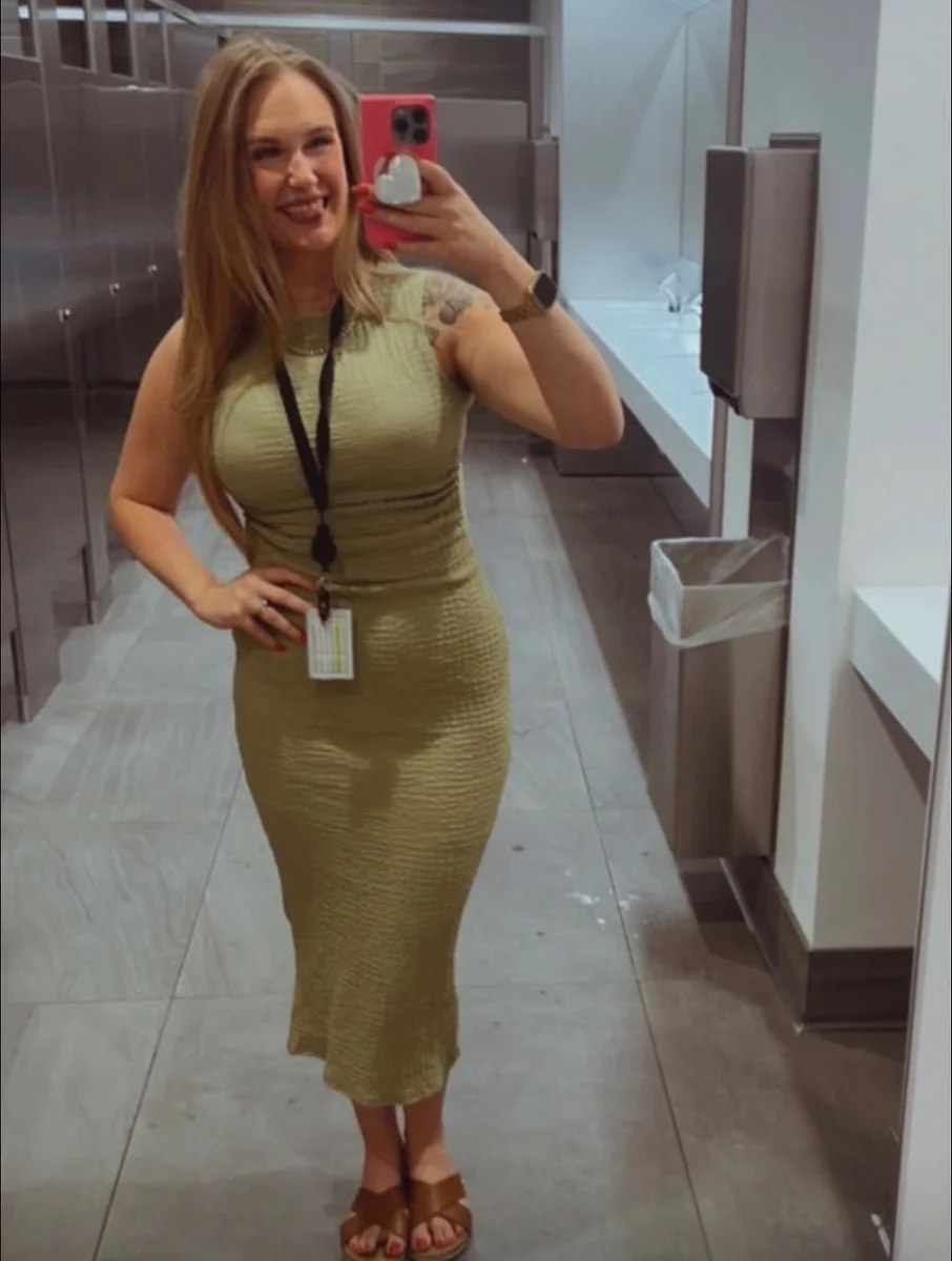 Olive Ribbed Midi Dress and an Office ID Badge on a petite woman