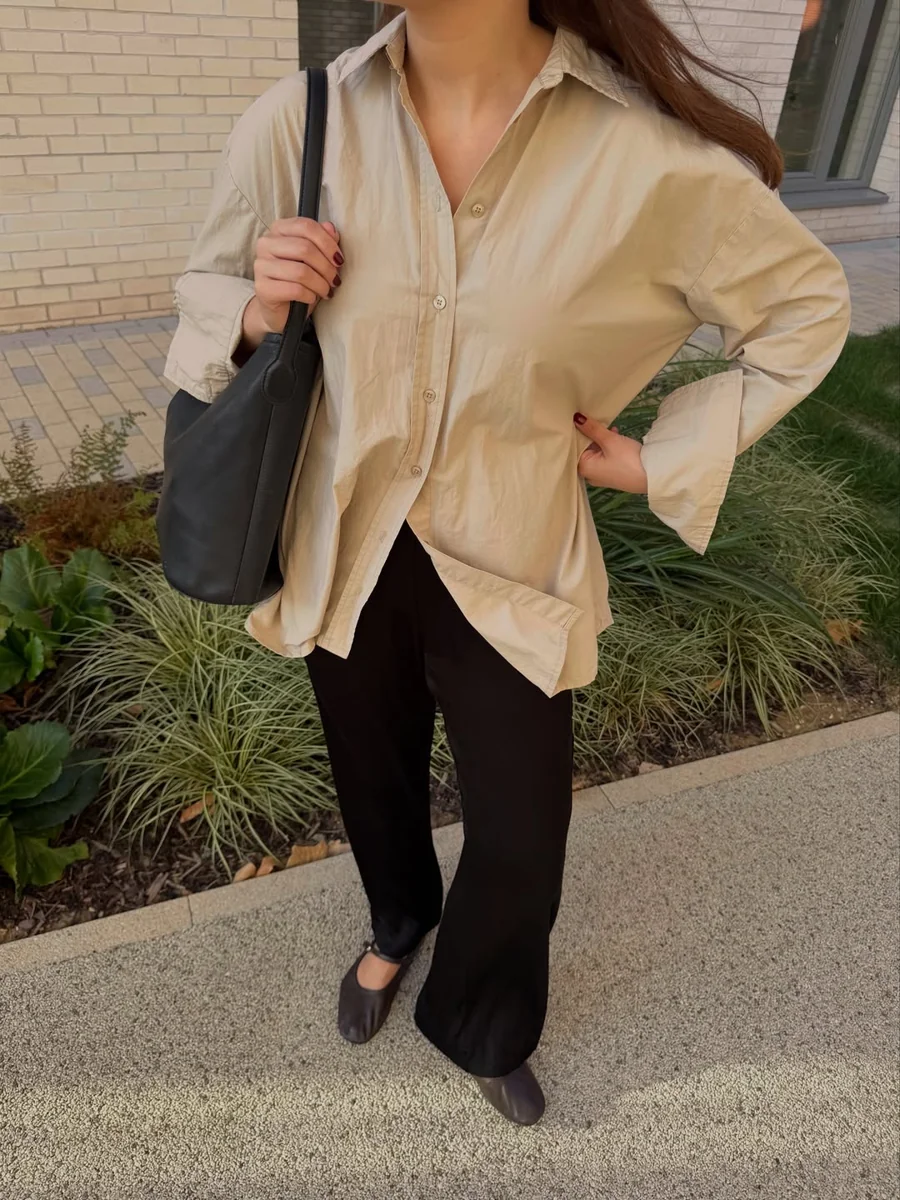 Oversized Shirt, Untucked on Purpose on a petite woman