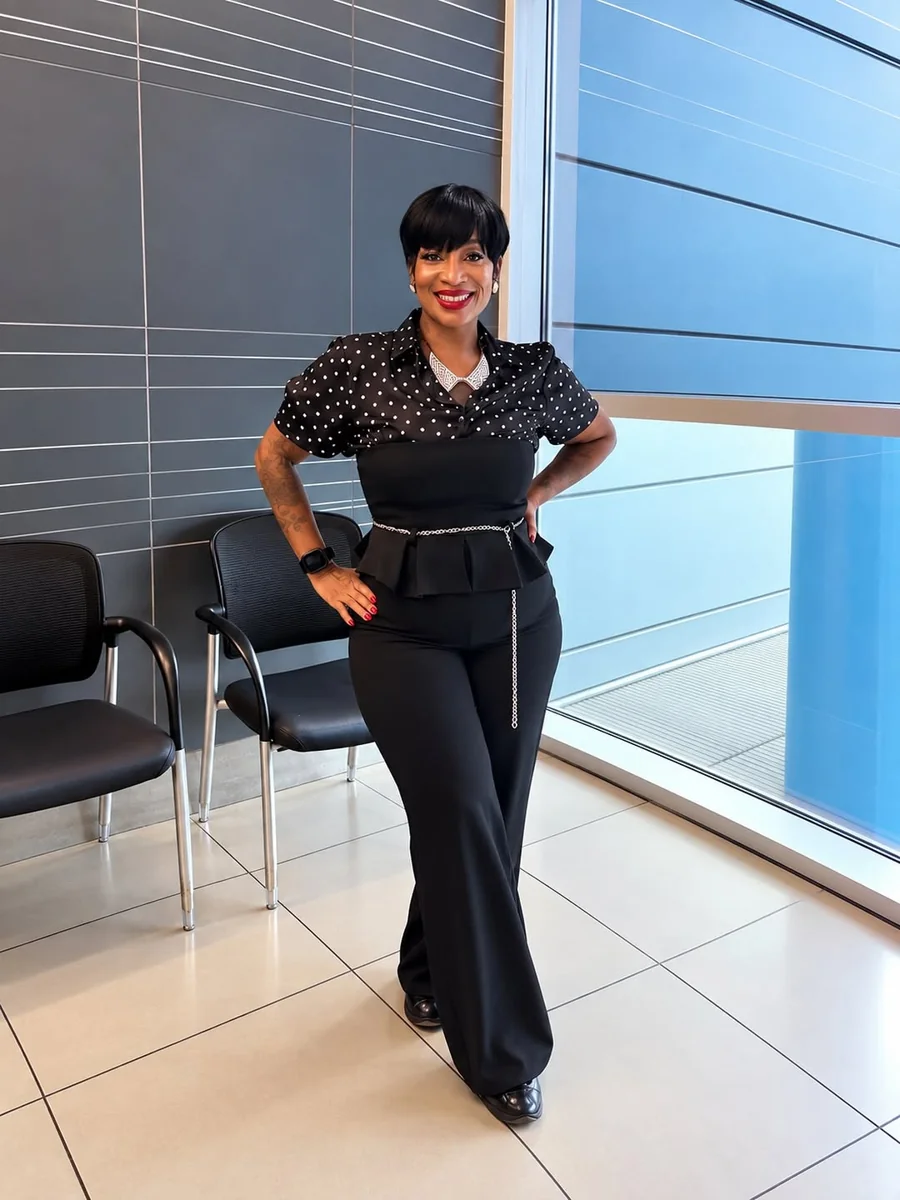 Polka Dots With a Chain Belt and Statement Necklace on a petite woman