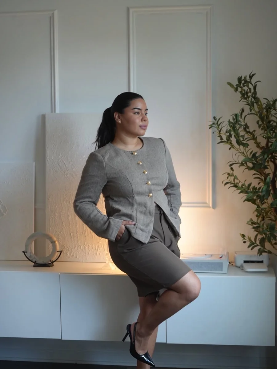 Collarless Taupe Jacket With a Pencil Skirt on a petite woman