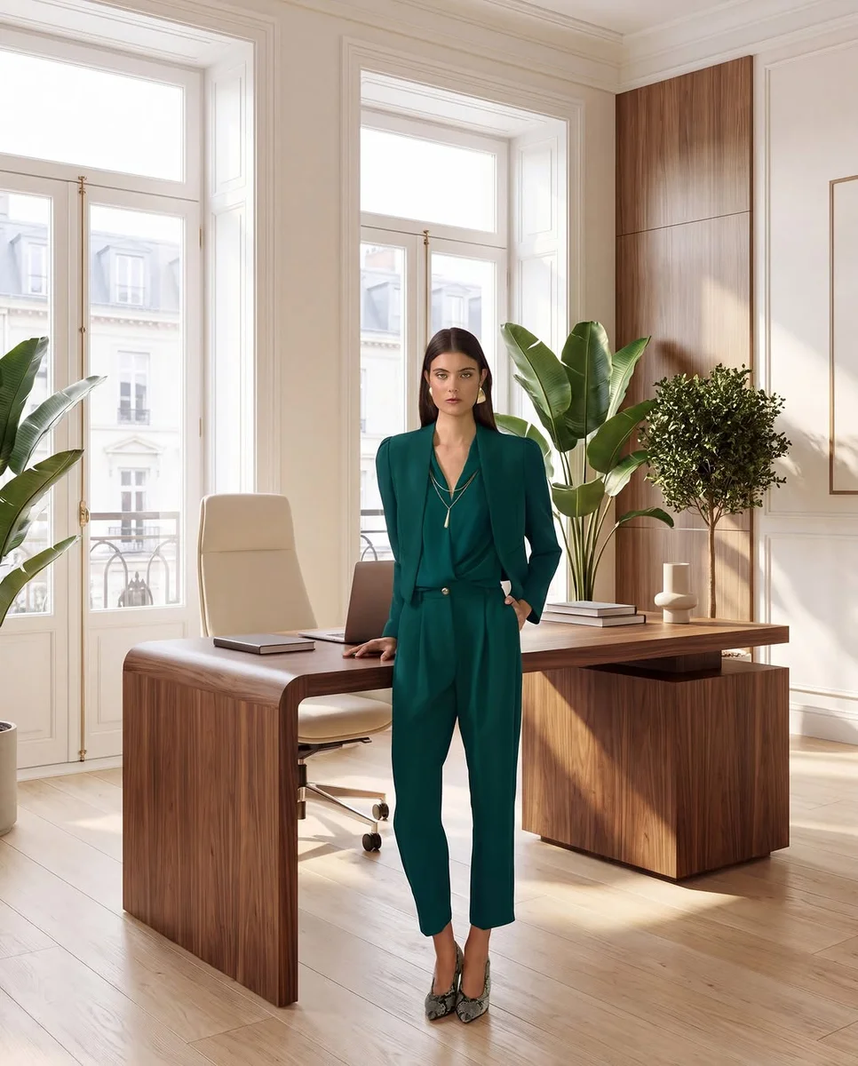Emerald Three-Piece Suit, Cropped and Confident on a petite woman